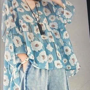 016 Chic Floral Blue Blouse